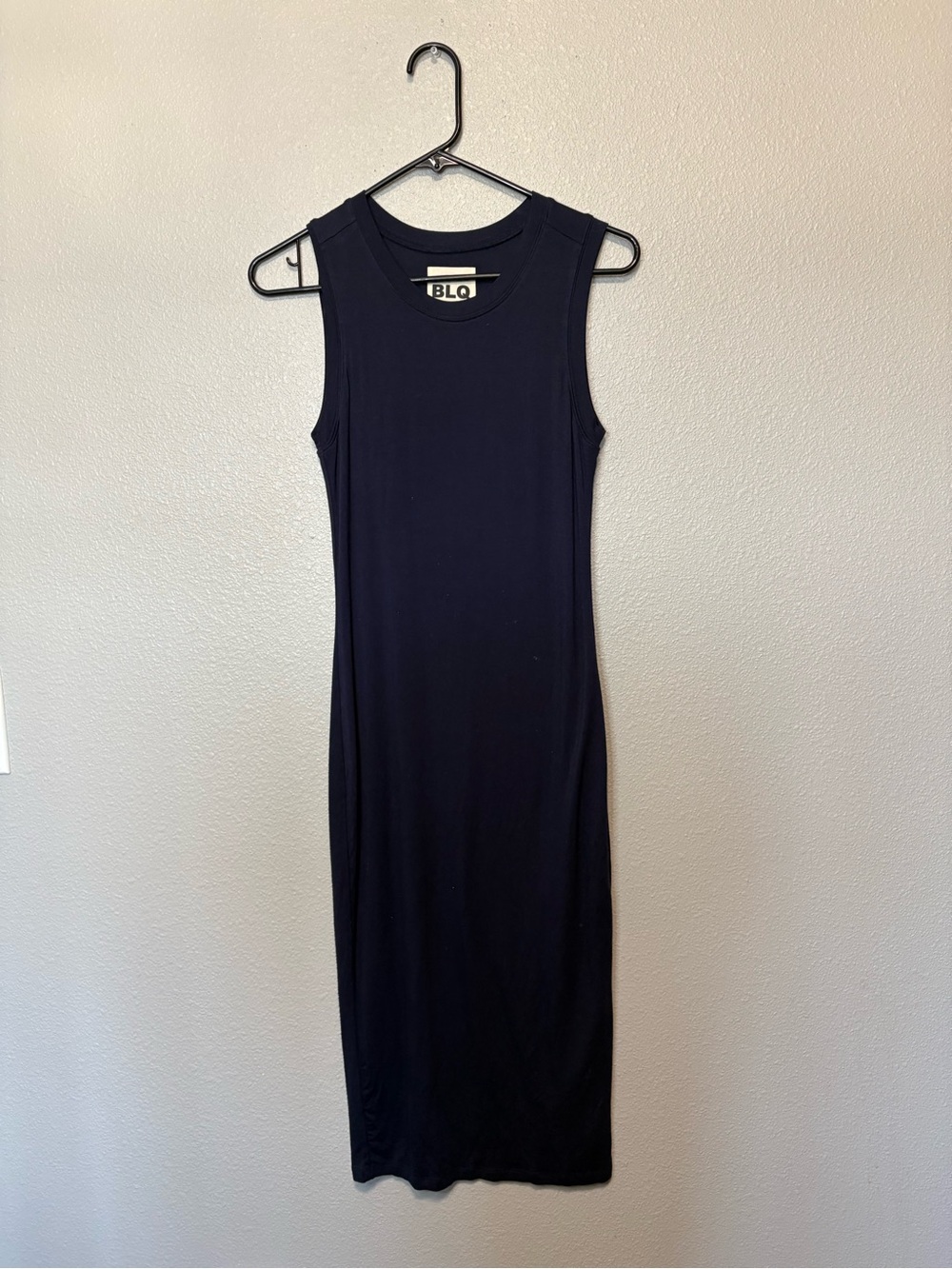 BLQ Navy Ribbed Sleeveless Midi Dress Size 0 Fitted Stretch Jersey